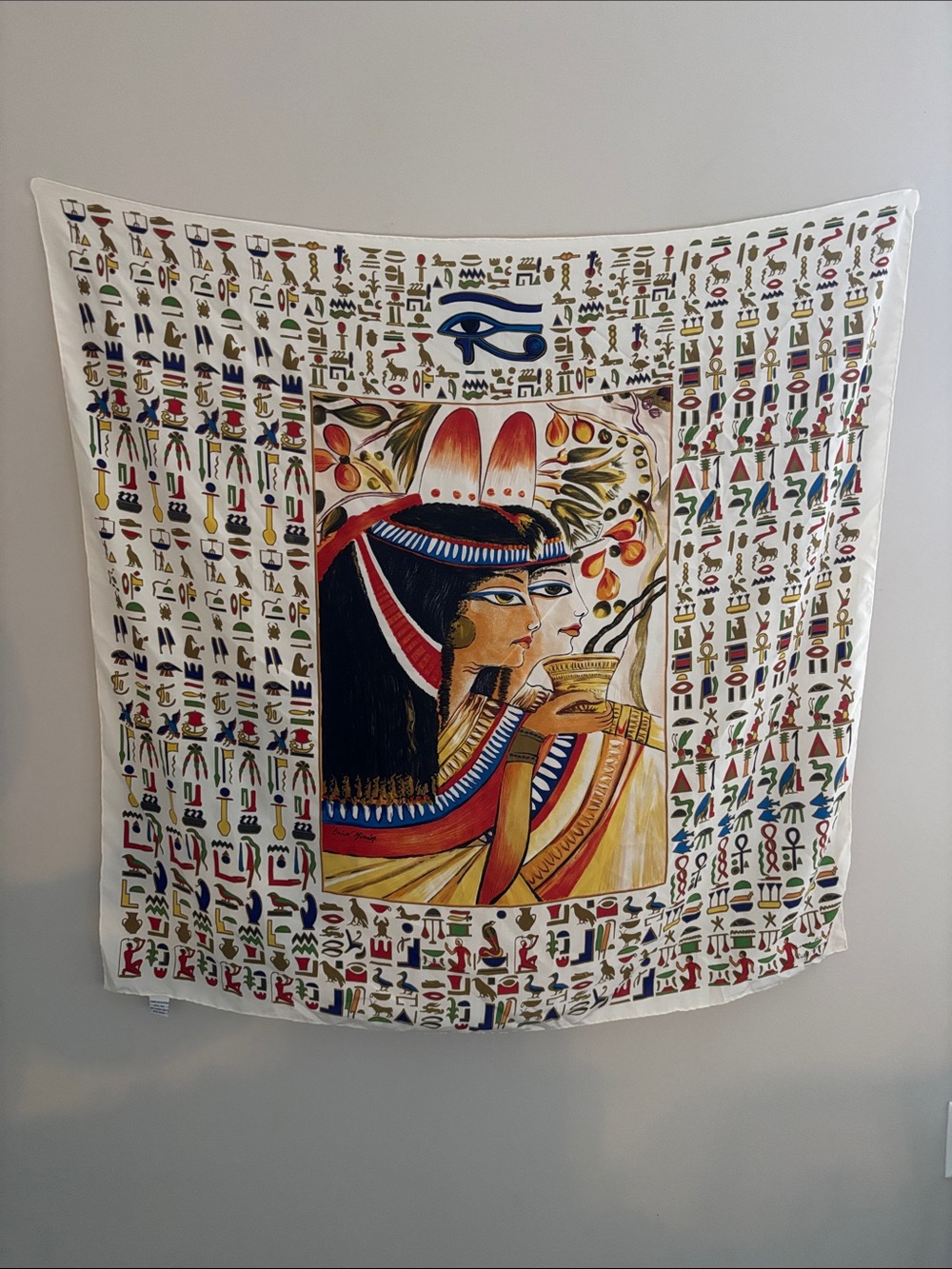 Vintage 90s Egyptian-Style 100% silk Scarf in Cream, Blue, Red, Gold